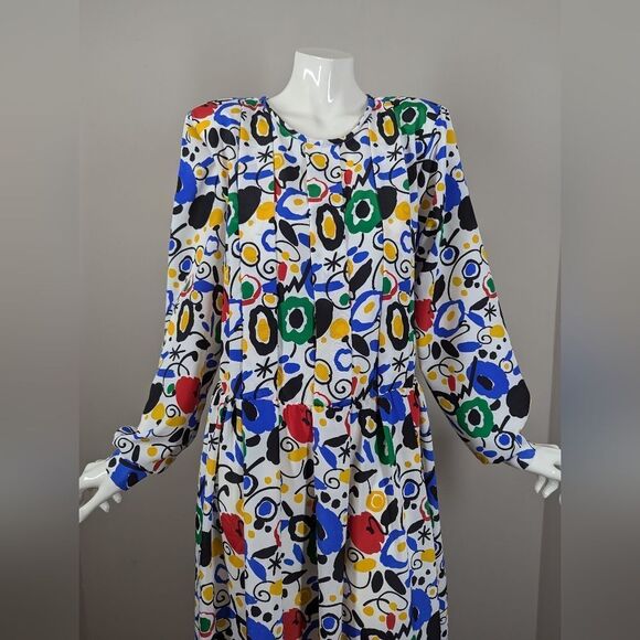 Vintage 80s Abstract Print Midi Dress Colorful Pleated Shoulder Long Sleeve Size - Picture 3 of 8